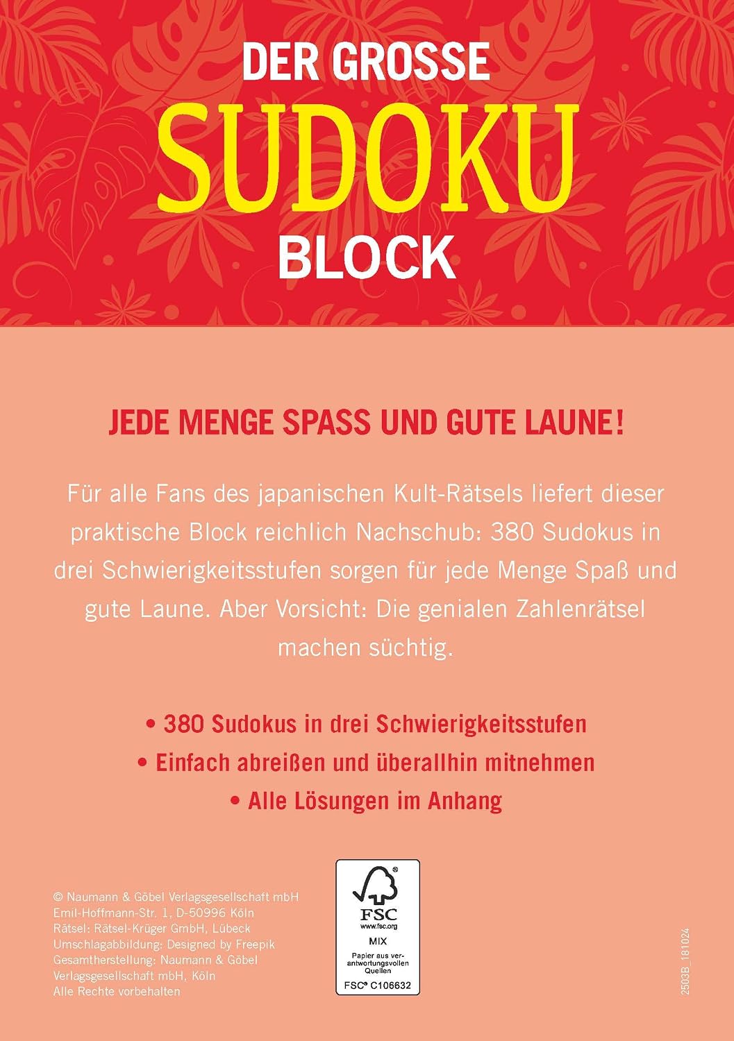 Der große Sudoku Block Band 2: 380 Sudoku-Rätsel für Erwachsene in 3 Schwierigkeitsstufen